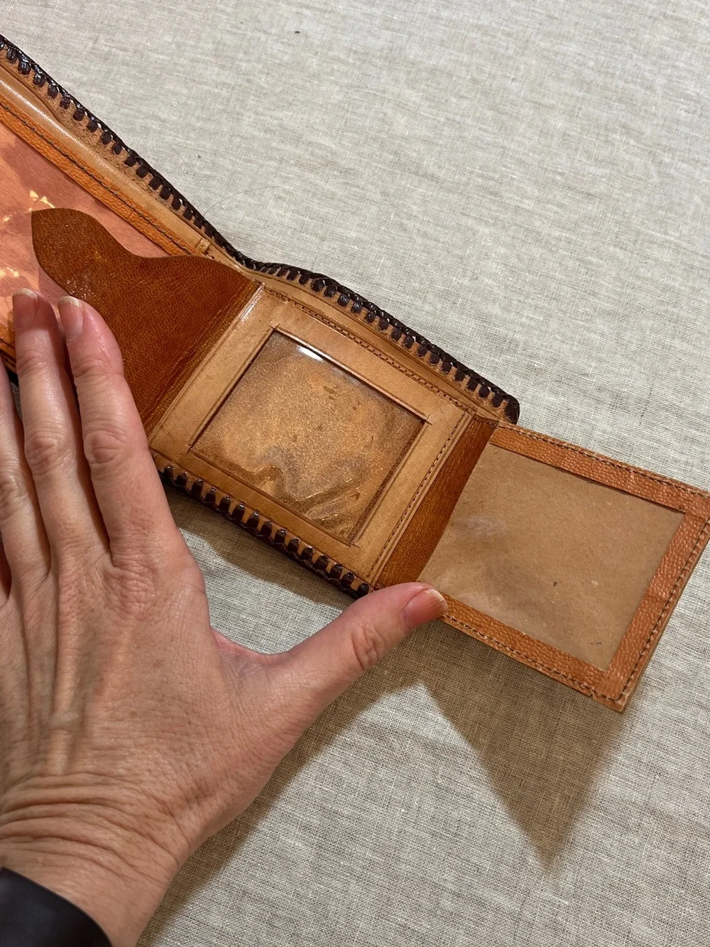 Hand-Tooled Leather Bifold Wallet - Tan with Dark Brown Trim